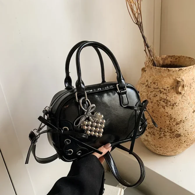 Luxury Designer Pendant PU Leather Women's Handbag Retro Crossbody Bag Pillow Bowling Boston Tote