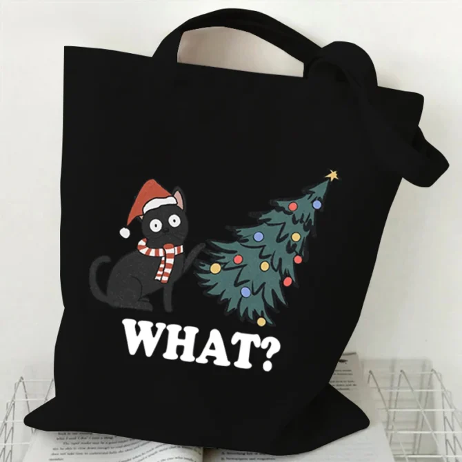 Cat What Cat Christmas Print Shopper Bag Anime Kawaii Tote Bag Borse Borsa Da Donna Borse A Tracolla Harajuku Beach Totes