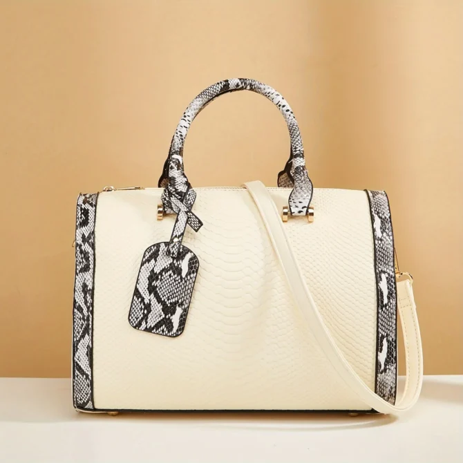 Portable Boston Bag, Snake Pattern Large Capacity Crossbody Bag, Solid Color Zipper Handbag