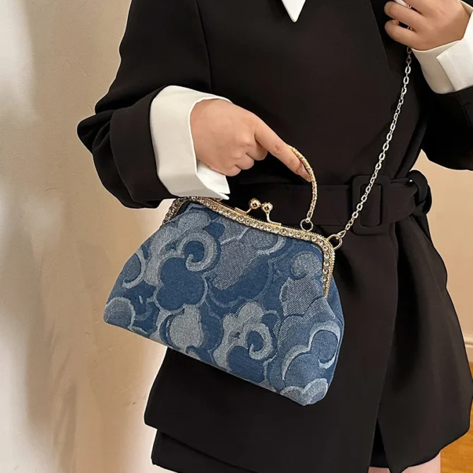 Large capacity Denim clip on women's handbag, single shoulder cheongsam bag, antique style bag, 2023 new chain handbag y2k sac