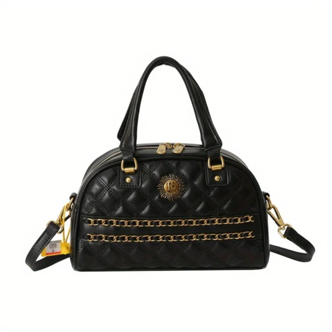 Vintage Argyle Quilted Handbag, Y2K Chain Decor Bowling Bag, Women's Boston Crossbody Purse