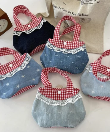 Korean Sweet Lace Handbag Retro Artistic Denim Plaid Colorblock Hand Bag Girly Mini Tote Bags Girls Gifts