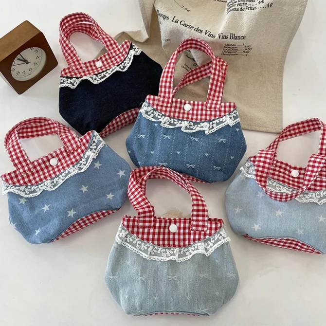 Korean Sweet Lace Handbag Retro Artistic Denim Plaid Colorblock Hand Bag Girly Mini Tote Bags Girls Gifts