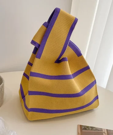 Stripe Handmade Knitted Women Shoulder Bags Casual Portable Ladies Small Handbags Shopper Student Reusable Girls Tote Wrist Bag