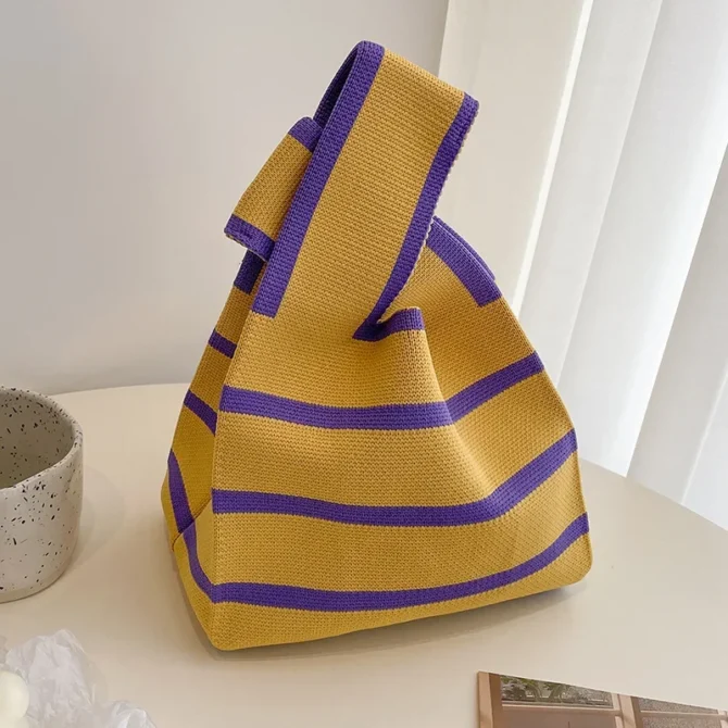 Stripe Handmade Knitted Women Shoulder Bags Casual Portable Ladies Small Handbags Shopper Student Reusable Girls Tote Wrist Bag