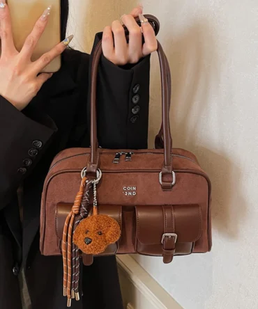 Textured Multi-Pocket Design Shoulder Underarm Bag Women Large Capacity Commuter Handbags Lady Fashion Bowling Bag