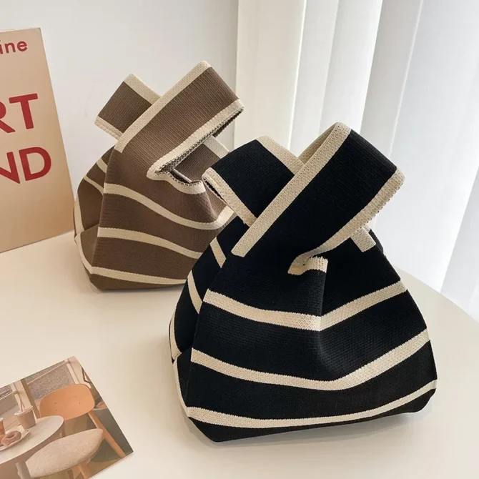 Stripe Handmade Knitted Women Shoulder Bags Casual Portable Ladies Small Handbags Shopper Student Reusable Girls Tote Wrist Bag