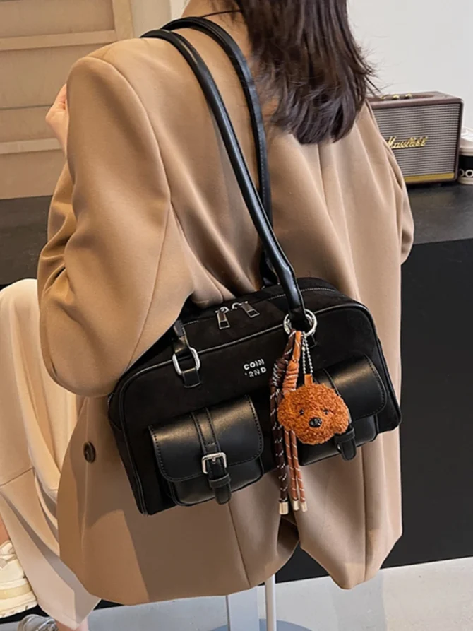 Textured Multi-Pocket Design Shoulder Underarm Bag Women Large Capacity Commuter Handbags Lady Fashion Bowling Bag