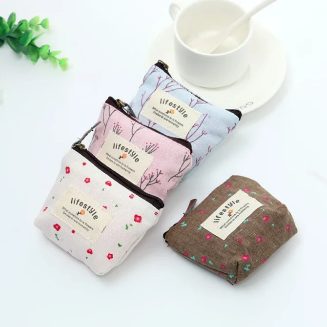 Flower Pattern Cute Money Bag for Girls Portable Key Earphone Storage Bags Coin Bag Canvas Wallets Storage Bag Zipper Pouch