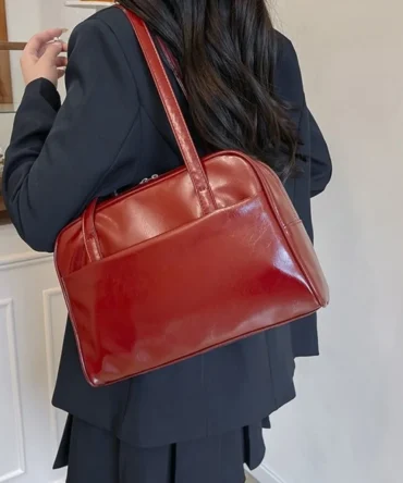 Korean Style Boston Shoulder Bag Large Capacity Underarm Bag Pu Leather Tote Bag Solid Color Square Women's Handbag Travel