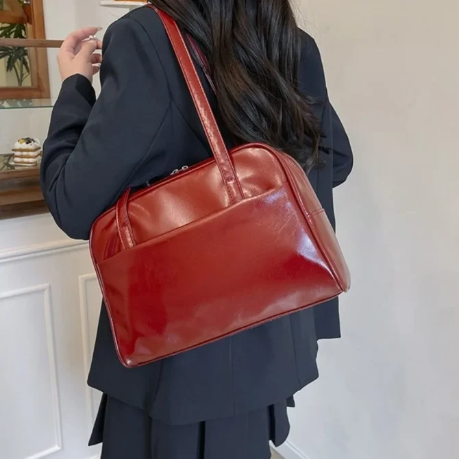 Korean Style Boston Shoulder Bag Large Capacity Underarm Bag Pu Leather Tote Bag Solid Color Square Women's Handbag Travel