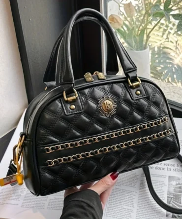Vintage Argyle Quilted Handbag, Y2K Chain Decor Bowling Bag, Women's Boston Crossbody Purse