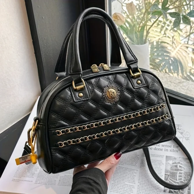 Vintage Argyle Quilted Handbag, Y2K Chain Decor Bowling Bag, Women's Boston Crossbody Purse