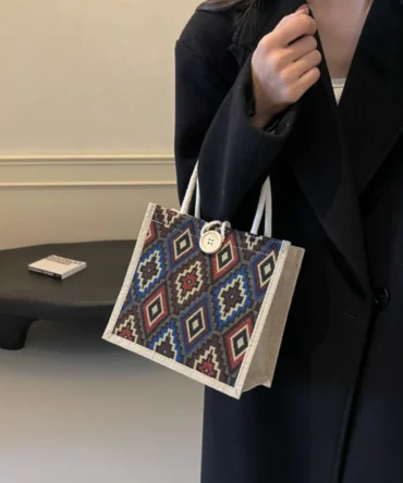 Linen Handbag Plaid Lunch Box Bag Casual Fashion Commuter Bag Women'S Tote Bag Portable Eco-Friendly Bag Picnic Bento Bag