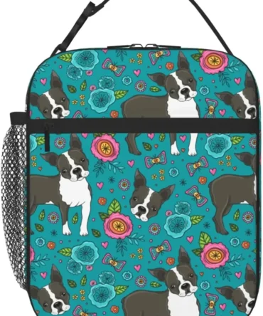 Boston Terrier and Flower Lunch Box for Men Women Small Turquoise Lunch Bag for Office Work Picnic Reusable Portable