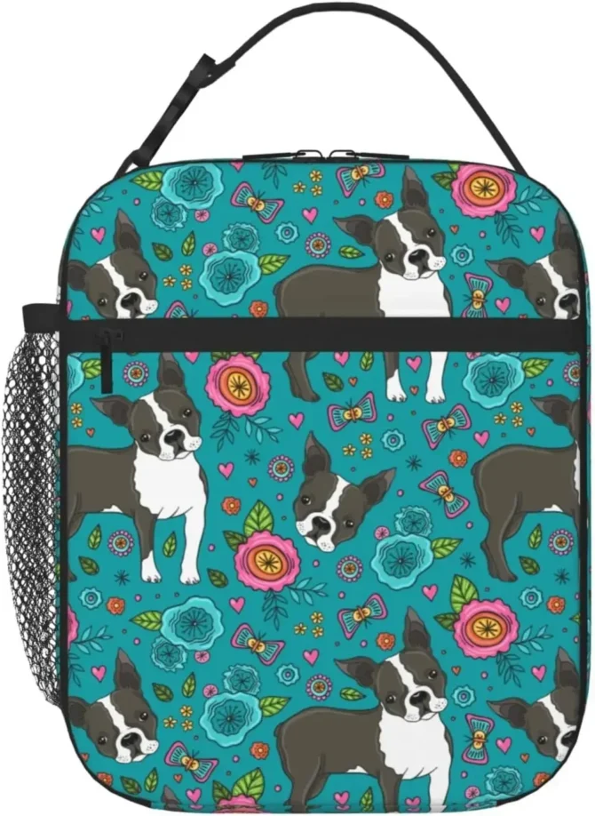 Boston Terrier and Flower Lunch Box for Men Women Small Turquoise Lunch Bag for Office Work Picnic Reusable Portable