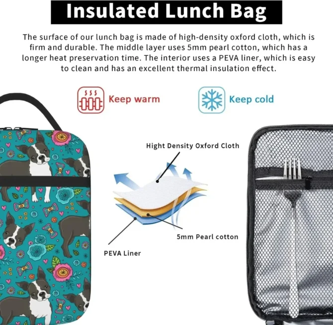 Boston Terrier and Flower Lunch Box for Men Women Small Turquoise Lunch Bag for Office Work Picnic Reusable Portable