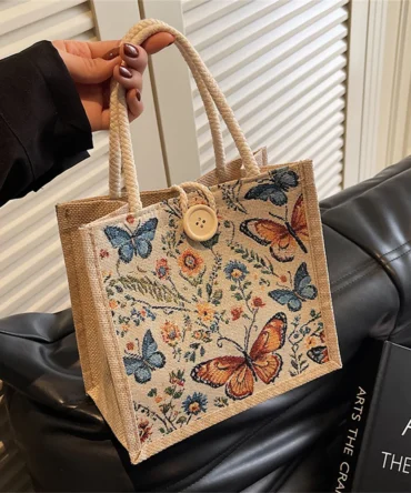Fashion Linen Handbag Butterfly Printed Canvas Bag Casual Women Recycle Tote Bags Portable Shopping Student Lunch Food Bento Bag