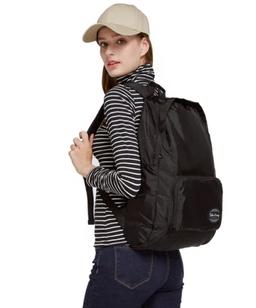 Black Nylon Fabric Lightweight Foldable Backpack Men Women Waterproof Packable Backpack Travel Hiking Camping Daypack 20 Liters