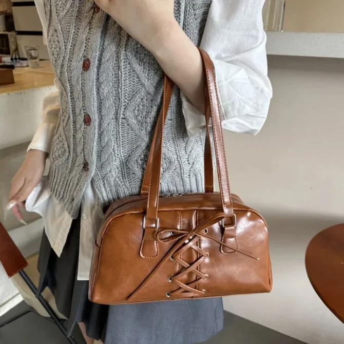Fashion French Style Bow Ribbons Bowling Bag Elegant Large Capacity Boston Shoulder Bag Casual PU Leather Women Handbags Girls
